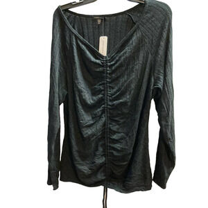 Curvy Sense Women's Top Plus 2X Black NEW Ruched Drawstring V-Neck Long Sleeve